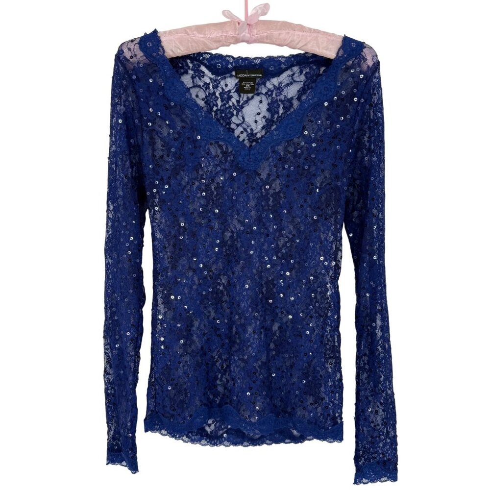 Vintage Y2K Victoria’s Secret Blue L/S Femme Fatale Glam Sheer Lace Sequin Top